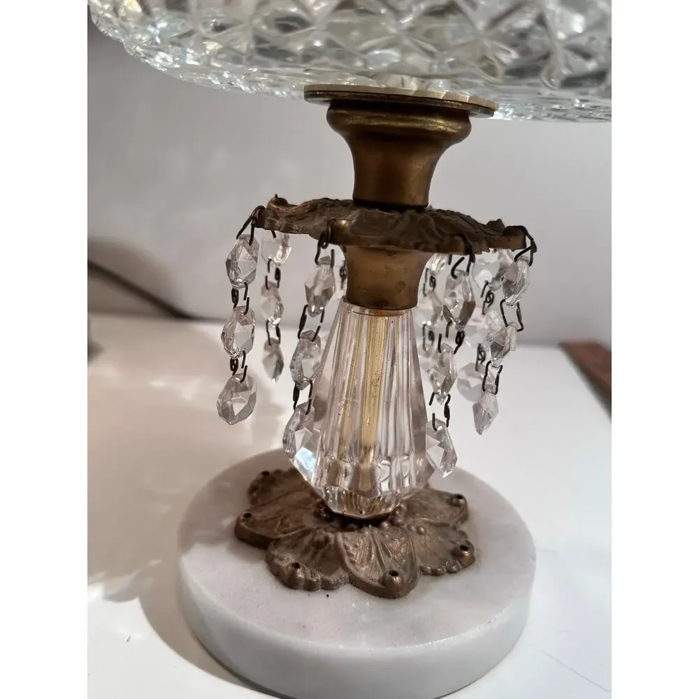 VTG Hollywood Regency Crystal pedestal Bowl W/Prisms Brass Glass Marble Base